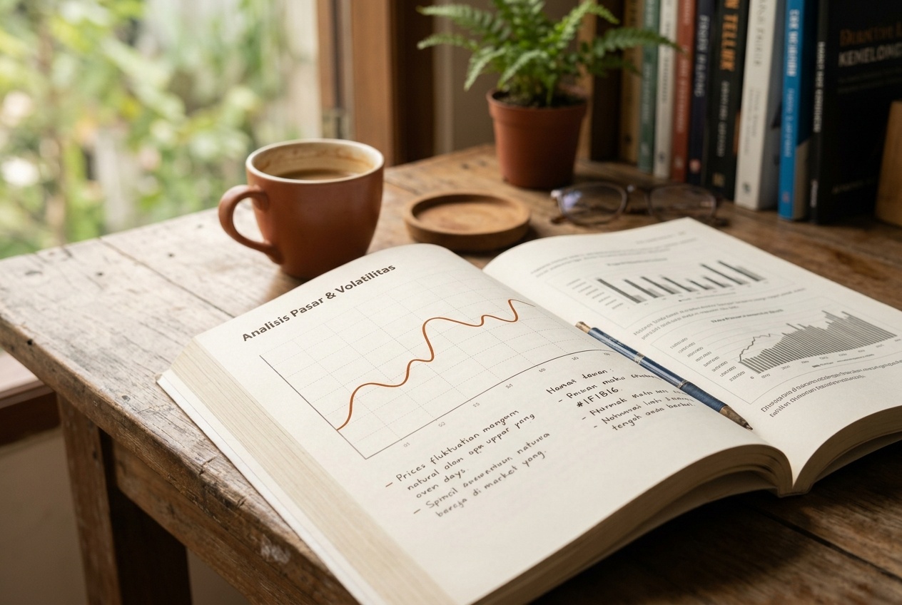Gráfico en papel con una línea ascendente y descendente que marca la fluctuación de precios sobre una mesa de lectura